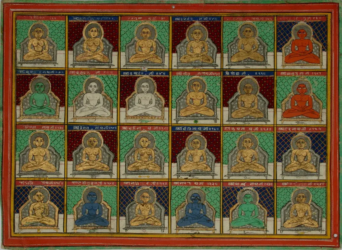 लगभग सन् १८५० की जयपुर लघुचित्र शैली की कृति, चौबीस खानों की जाली में विभाजित। प्रत्येक खाने में एक तीर्थंकर उसी मुद्रा में विराजमान हैं, ऊपर देवनागरी में नाम और अपने पारंपरिक वर्ण में अंकित: स्वर्ण, रक्त, हरित, श्वेत, नील अथवा श्याम।