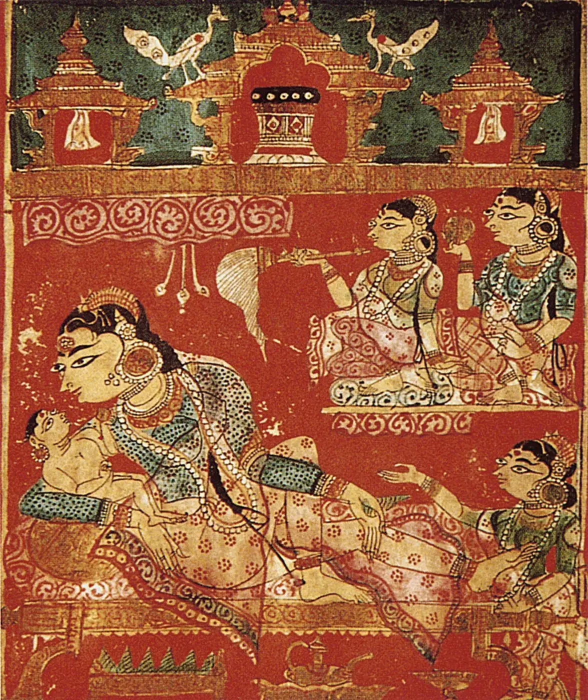 सुमारे सन १४०० चे चित्रित हस्तलिखित पान, गडद लाल पार्श्वभूमीवर. राणी त्रिशला खालच्या शय्येवर शयनमुद्रेत आहेत, शेजारी नवजात महावीर, भोवती परिचारिका, आणि वरच्या कडेला मोरांसह शिखरे.