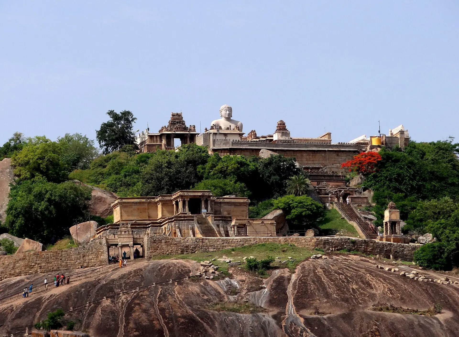 A view over the town of Shravanabelagola from high on one of its granite hills, with the tank below and the second hill rising beyond.