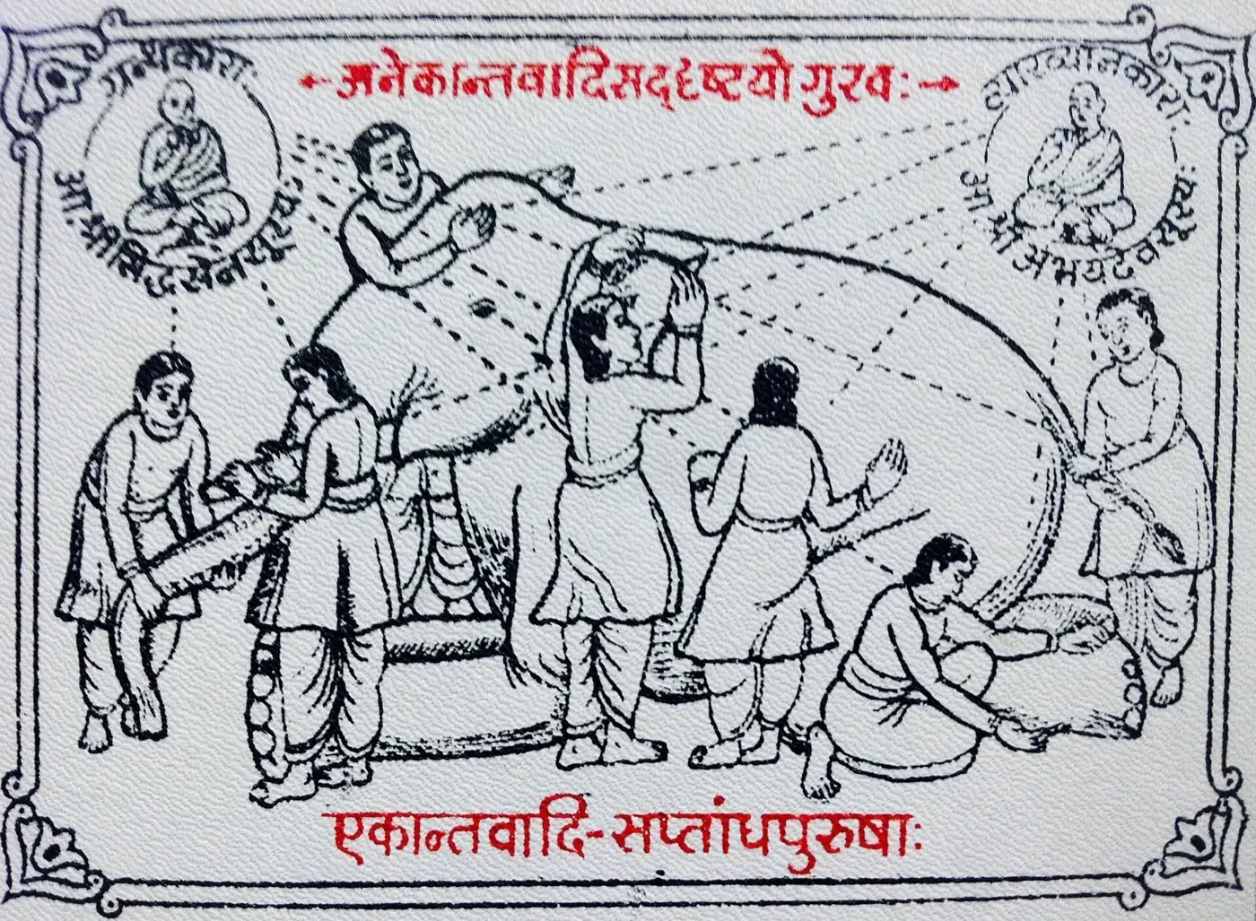 सात अंधे पुरुषों का रेखाचित्र, जो एक हाथी को घेरे हैं और प्रत्येक उसका भिन्न अंग छू रहा है। ऊपरी कोनों के वृत्तों में दो गुरु देख रहे हैं, तथा ऊपर एवं नीचे संस्कृत पंक्तियाँ उन्हें अनेकांतवादी और इन पुरुषों को एकांतवादी सप्तांध कहती हैं।